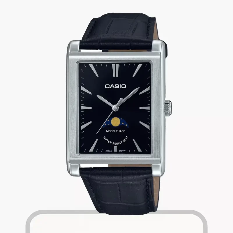 Casio Moon Phase Black Dial Leather Men's Watch- MTP-M105L-1AV